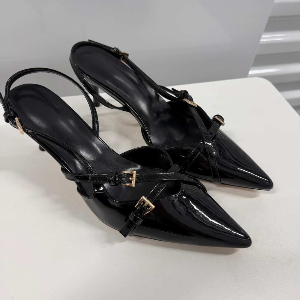 Black Patent Slingback Heels Pointed Toe Multi Strap Buckle Pumps Stiletto US 9